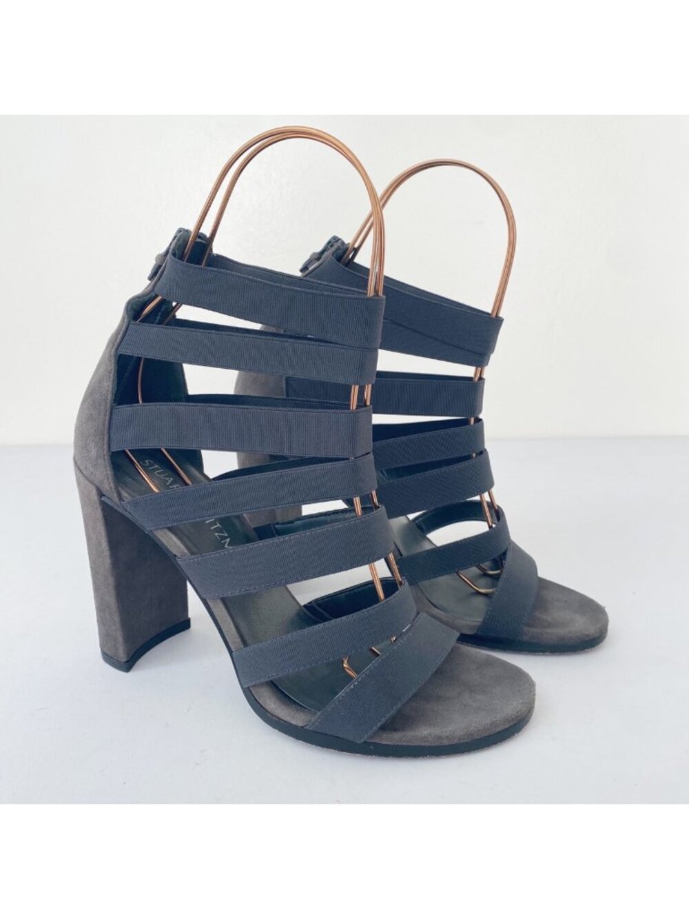 Stuart Weitzman Mummy Strappy Sandals Heels Shoes Gray Suede